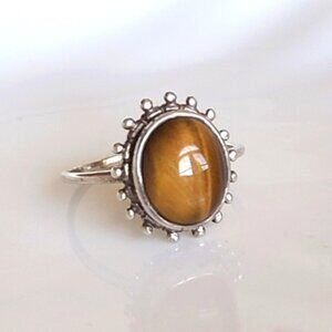 Vintage Boho Sterling Silver Brown Tiger's Eye Gemstone Cabochon Ring 6.5